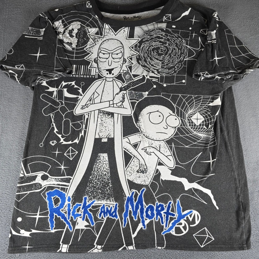 Rick and Morty Graphic T-Shirt Mens XL Black All Over Print Embroidered Logo
